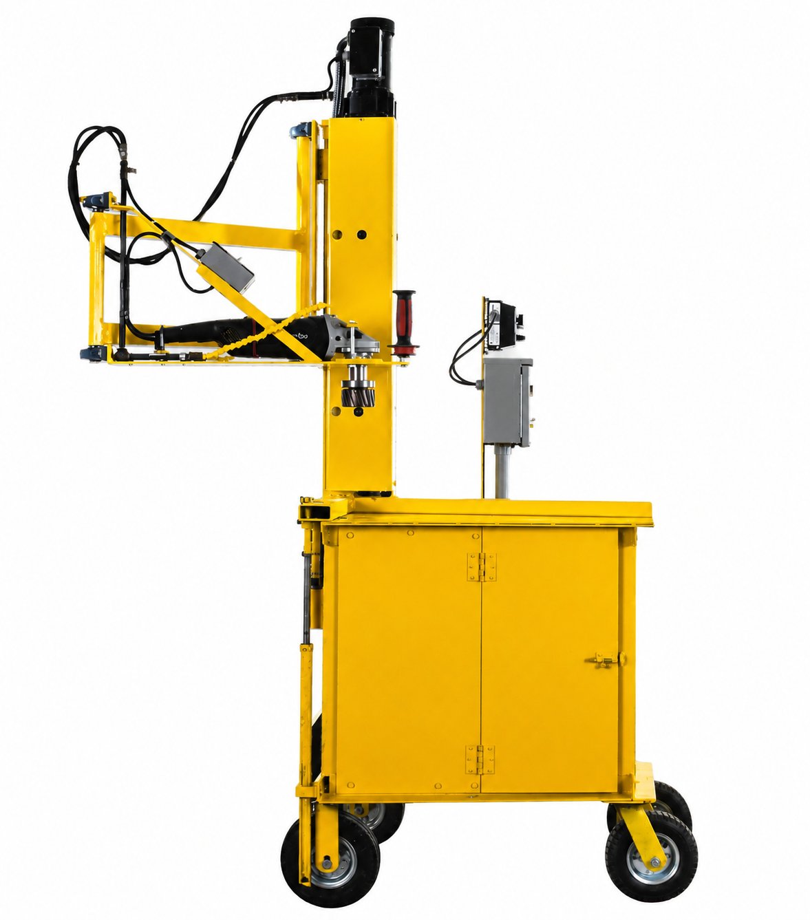 RADIAL ARM ROUTER - Portable Sink Hole Grinder full view showing yellow industrial design on wheels