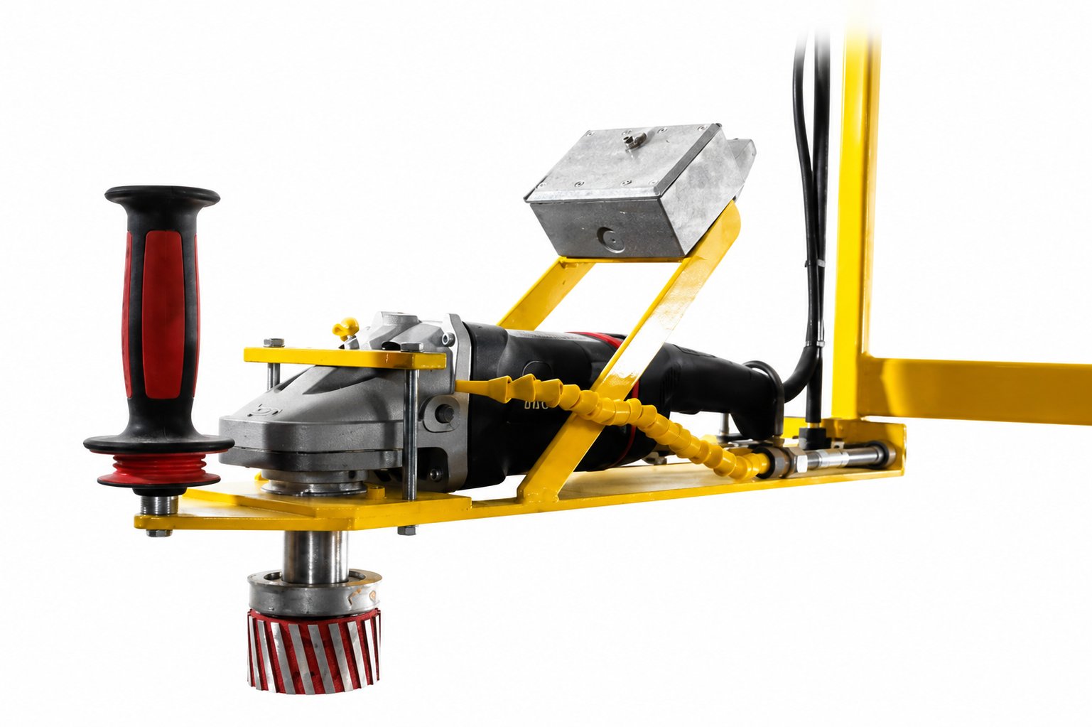 RADIAL ARM ROUTER close-up showing router arm mechanism with variable speed control and grinding bits